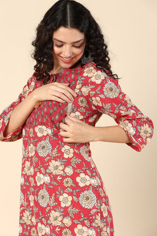 Red Floral Maternity Feeding Kurti with Pocket - House Of Zelena™