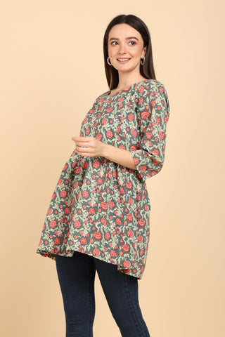 Turquoise Flowers Maternity Short Top with Pocket - with bump