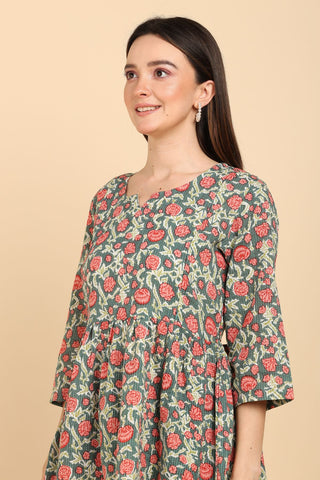 Turquoise Flowers Maternity Short Top with Pocket close up