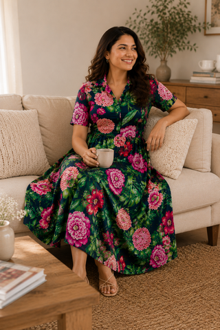 Floral Printed Cotton Zipless Feeding  Dress - Navy Blue