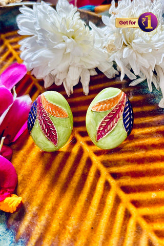 Vibrant Leaf-Inspired Enamel Kundan Earrings (Colour may vary)