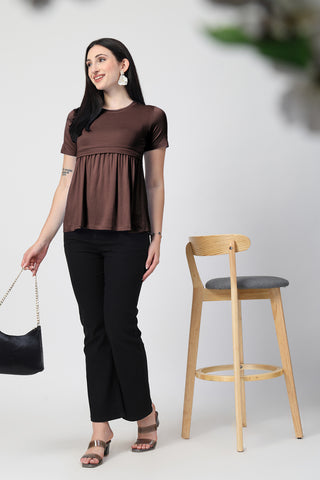 Dark Chocolate Maternity Zipless Feeding Gathered Top