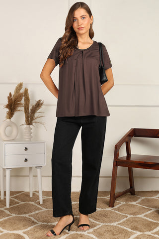 Dark Chocolate Front & Back Pleated Zipless Nursing Top