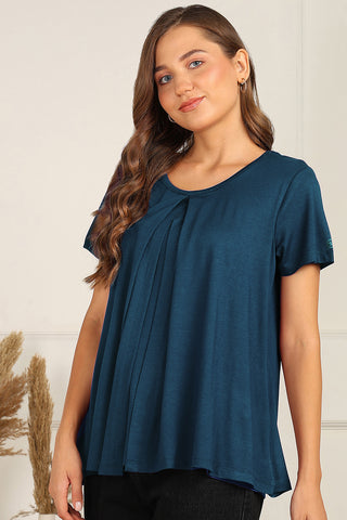 Deep Teal Front & Back Pleated Zipless Nursing Top