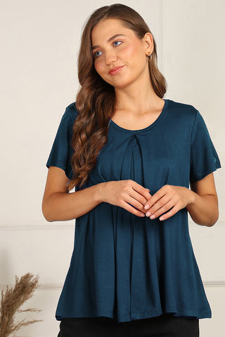 Deep Teal Front & Back Pleated Zipless Nursing Top