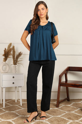 Deep Teal Front & Back Pleated Zipless Nursing Top