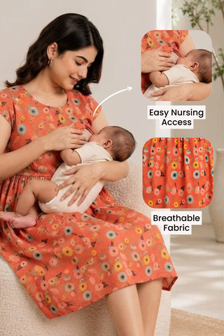 Red Floral Printed Maternity Zipless Feeding Dress