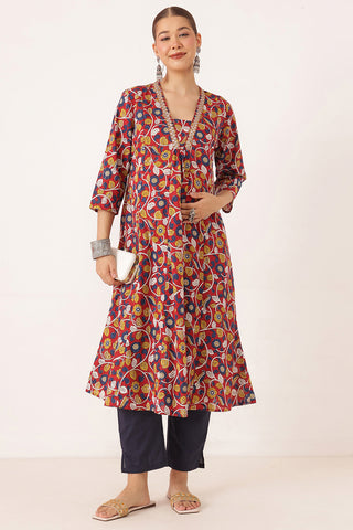 Embroidered Floral Print Cotton Maternity & Nursing Kurta Set - Crimson Red