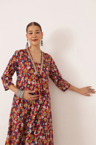 Embroidered Floral Print Cotton Maternity & Nursing Kurta Set - Crimson Red