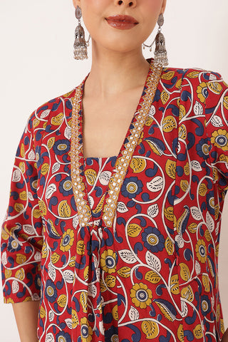 Embroidered Floral Print Cotton Maternity & Nursing Kurta Set - Crimson Red