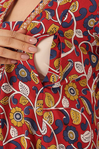 Embroidered Floral Print Cotton Maternity & Nursing Kurta Set - Crimson Red