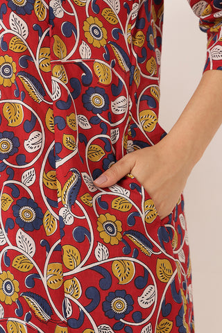 Embroidered Floral Print Cotton Maternity & Nursing Kurta Set - Crimson Red