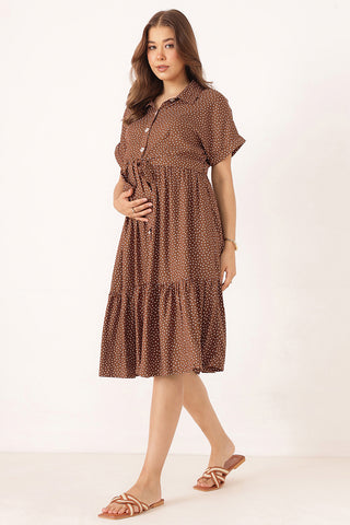 Tiered Printed Zipless Feeding Shirt Dress - Chocolate Brown