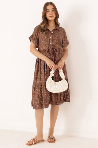 Tiered Printed Zipless Feeding Shirt Dress - Chocolate Brown