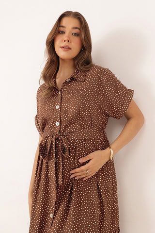 Tiered Printed Zipless Feeding Shirt Dress - Chocolate Brown