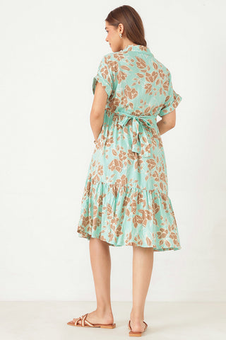 Tiered Floral Printed Zipless Feeding Shirt Dress - Sea Green