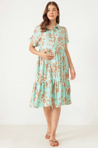 Tiered Floral Printed Zipless Feeding Shirt Dress - Sea Green