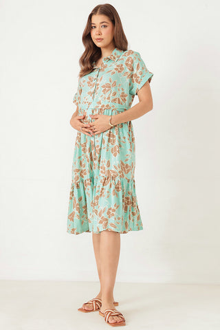 Tiered Floral Printed Zipless Feeding Shirt Dress - Sea Green