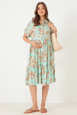 Tiered Floral Printed Zipless Feeding Shirt Dress - Sea Green