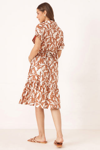 Tiered Floral Printed Zipless Feeding Shirt Dress - Brown