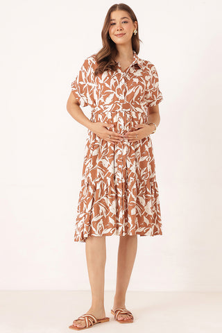 Tiered Floral Printed Zipless Feeding Shirt Dress - Brown