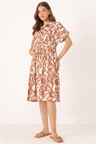 Tiered Floral Printed Zipless Feeding Shirt Dress - Brown