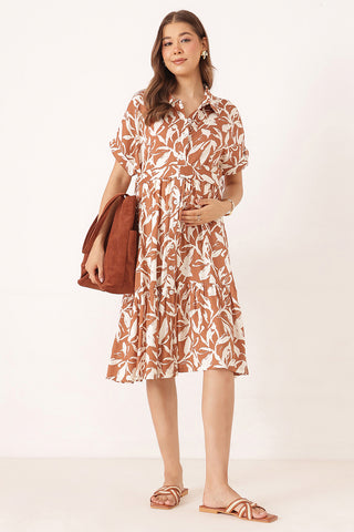 Tiered Floral Printed Zipless Feeding Shirt Dress - Brown