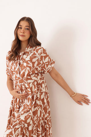 Tiered Floral Printed Zipless Feeding Shirt Dress - Brown
