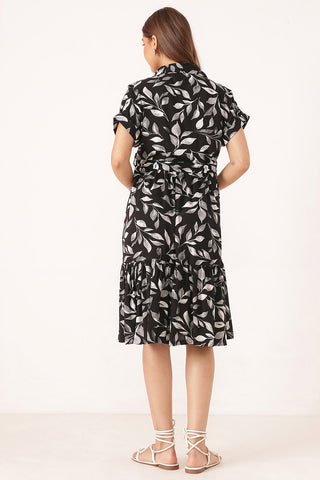 Tiered Floral Printed Zipless Feeding Shirt Dress - Black
