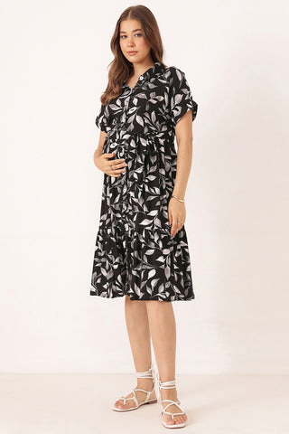 Tiered Floral Printed Zipless Feeding Shirt Dress - Black