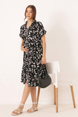 Tiered Floral Printed Zipless Feeding Shirt Dress - Black