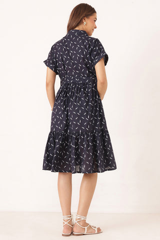 Cotton Tiered Feather Printed Zipless Feeding Shirt Dress - Navy Blue