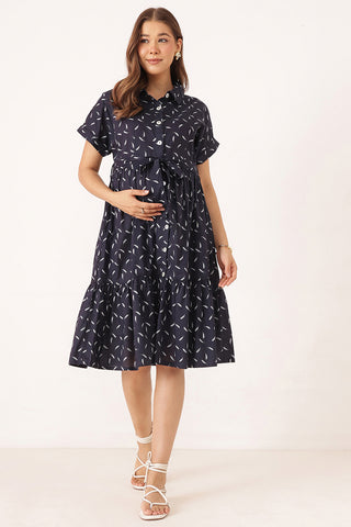 Cotton Tiered Feather Printed Zipless Feeding Shirt Dress - Navy Blue
