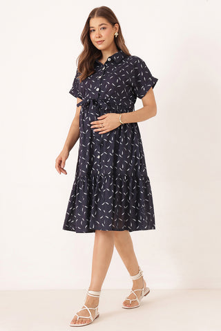 Cotton Tiered Feather Printed Zipless Feeding Shirt Dress - Navy Blue