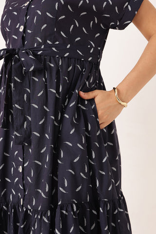 Cotton Tiered Feather Printed Zipless Feeding Shirt Dress - Navy Blue
