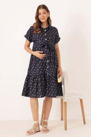 Cotton Tiered Feather Printed Zipless Feeding Shirt Dress - Navy Blue