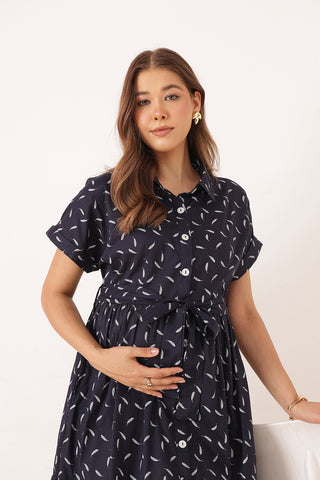 Cotton Tiered Feather Printed Zipless Feeding Shirt Dress - Navy Blue