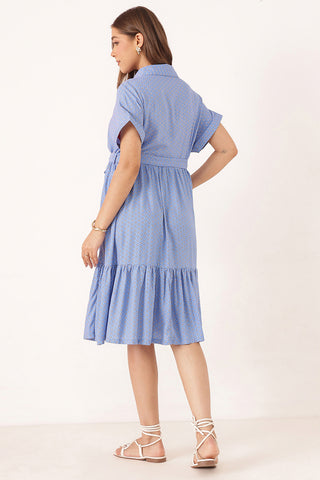 Tiered Printed Zipless Feeding Shirt Dress - Blue