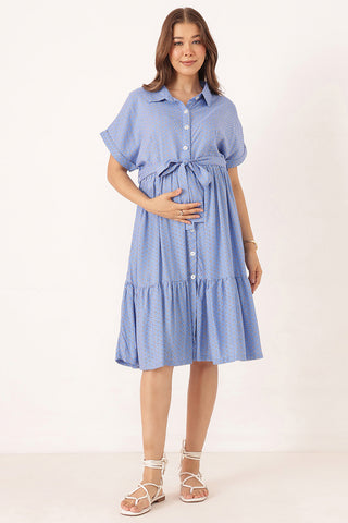 Tiered Printed Zipless Feeding Shirt Dress - Blue