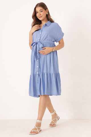 Tiered Printed Zipless Feeding Shirt Dress - Blue