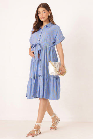 Tiered Printed Zipless Feeding Shirt Dress - Blue