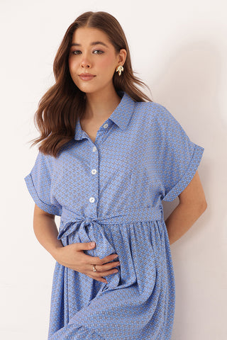 Tiered Printed Zipless Feeding Shirt Dress - Blue