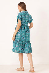 Cotton Tiered Printed Zipless Feeding Shirt Dress - Teal