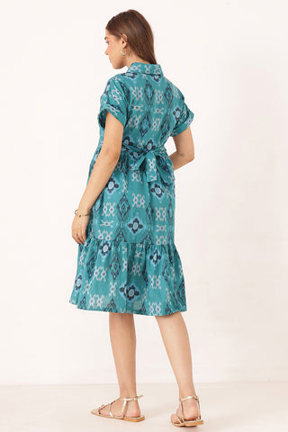 Cotton Tiered Printed Zipless Feeding Shirt Dress - Teal