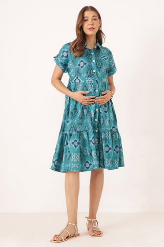 Cotton Tiered Printed Zipless Feeding Shirt Dress - Teal