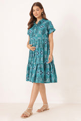 Cotton Tiered Printed Zipless Feeding Shirt Dress - Teal
