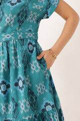 Cotton Tiered Printed Zipless Feeding Shirt Dress - Teal