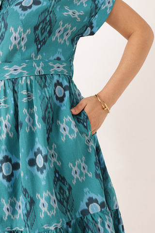 Cotton Tiered Printed Zipless Feeding Shirt Dress - Teal