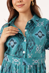 Cotton Tiered Printed Zipless Feeding Shirt Dress - Teal