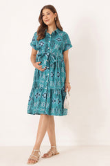 Cotton Tiered Printed Zipless Feeding Shirt Dress - Teal